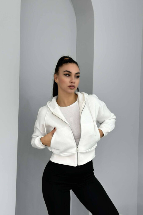 FLUFFY ZIPPER WOMEN HOODIE IN WHITE COLOR - 2