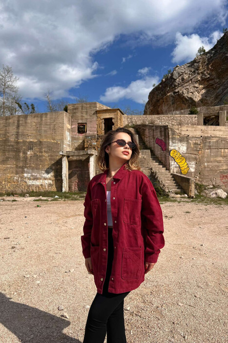 FOUR FRONT POCKETS ONE COLOR DENIM WOMEN JACKET BURGUNDY/VISHNJE - 1