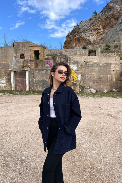 FOUR FRONT POCKETS ONE COLOR DENIM WOMEN JACKET DARK BLUE/BEE - 1