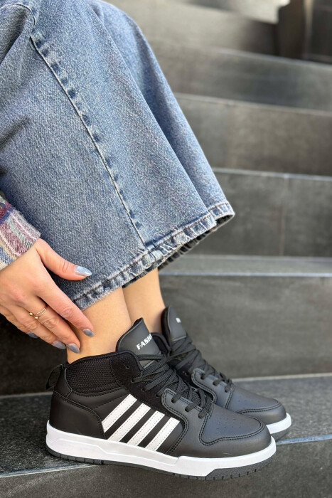 FOUR STRIPES HIGH TOP WOMEN SNEAKERS BLACK-WHITE/ZEBA - KLAUDIO FASHION