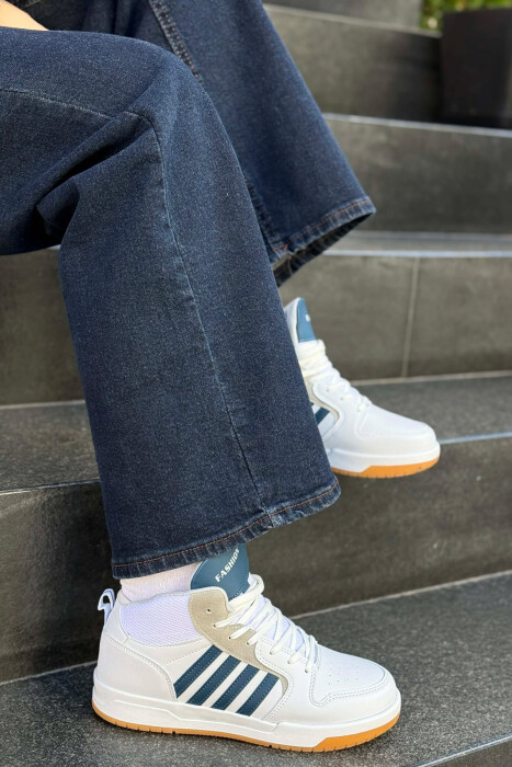 FOUR STRIPES HIGH TOP WOMEN SNEAKERS WHITE-BLUE/BABL - KLAUDIO FASHION