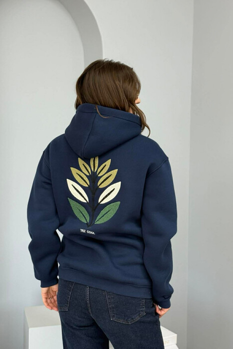 FRONT & BACK DESIGN FLUFFY WOMEN HOODIE DARK BLUE/BEE - 3