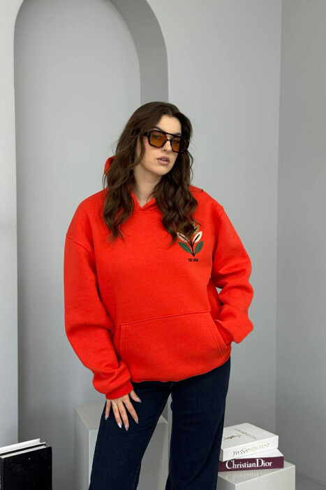 FRONT & BACK DESIGN FLUFFY WOMEN HOODIE ORANGE/PORTOKALLI - KLAUDIO FASHION