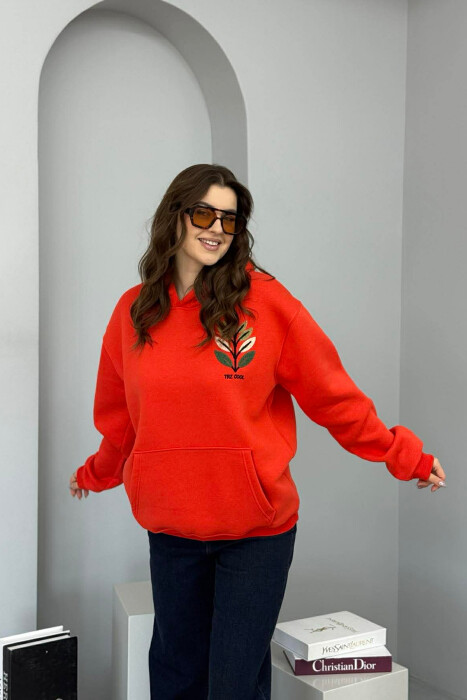 FRONT & BACK DESIGN FLUFFY WOMEN HOODIE ORANGE/PORTOKALLI - 2
