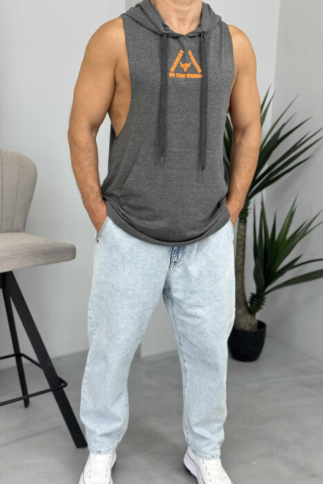 FRONT & BACK DESIGN HOODED MEN TANK TOP DARK GREY/GEE - 