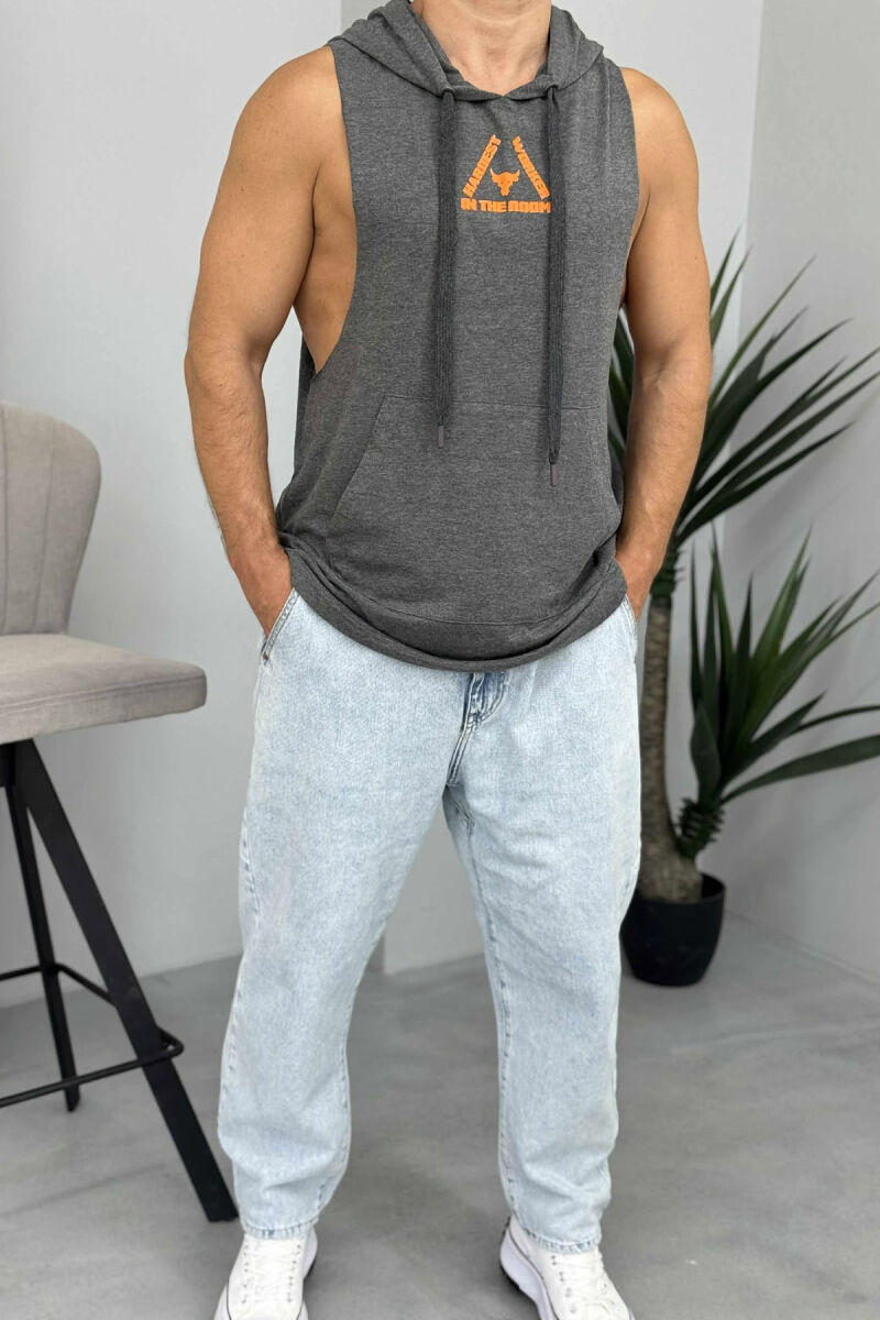 FRONT & BACK DESIGN HOODED MEN TANK TOP DARK GREY/GEE - 1