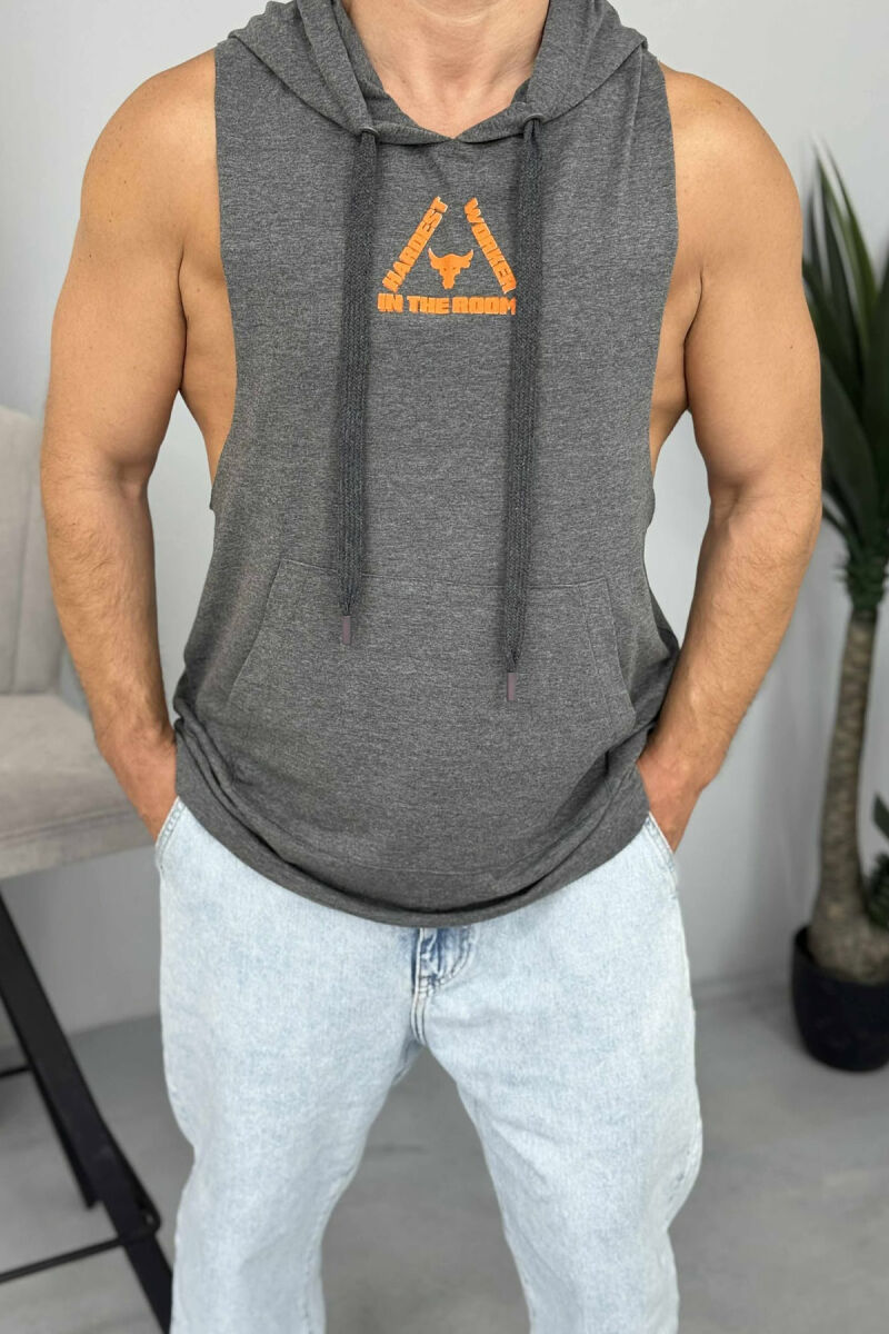 FRONT & BACK DESIGN HOODED MEN TANK TOP DARK GREY/GEE - 2