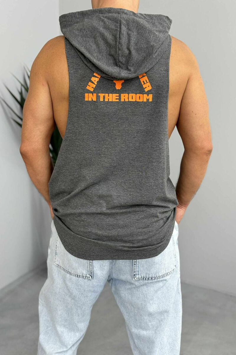 FRONT & BACK DESIGN HOODED MEN TANK TOP DARK GREY/GEE - 3