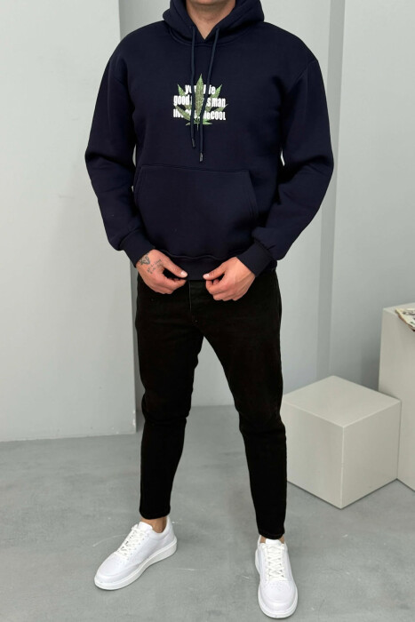 FRONT & BACK IMAGE FLUFFY MEN HOODIE DARK BLUE/BEE - 2