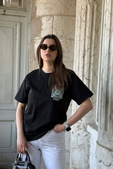 FRONT & BACK IMAGE SIMPLE WOMEN T-SHIRT + 6 PAIR SOCKS BLACK/ E ZEZE 