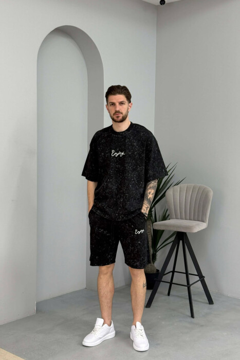 SET T-SHIRT ME SHKRIM PARA & PAS + TUTA TE SHKURTRA PER MESHKUJ NE NGJYRE TE ZEZE - KLAUDIO FASHION