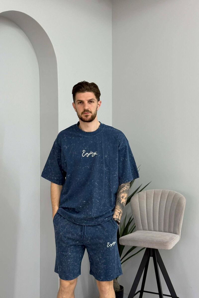FRONT & BACK SIMPLE WRITTINGS T-SHIRT + SHORTS MEN SET BLUE/BLU - 2