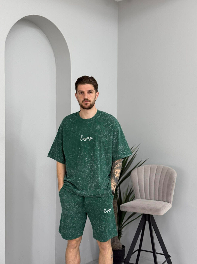 FRONT & BACK SIMPLE WRITTINGS T-SHIRT + SHORTS MEN SET GREEN/JESHILE - 2