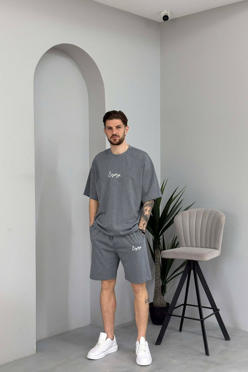FRONT & BACK SIMPLE WRITTINGS T-SHIRT + SHORTS MEN SET GREY/GRI - 1