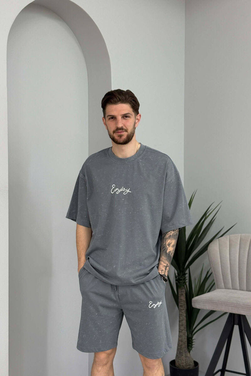 FRONT & BACK SIMPLE WRITTINGS T-SHIRT + SHORTS MEN SET GREY/GRI - 3