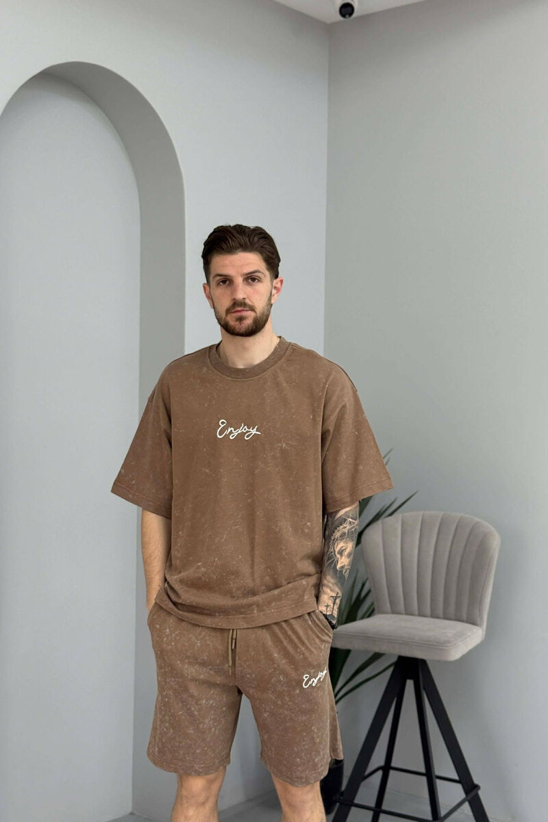 FRONT & BACK SIMPLE WRITTINGS T-SHIRT + SHORTS MEN SET LIGHT BROWN/KAZB - 2