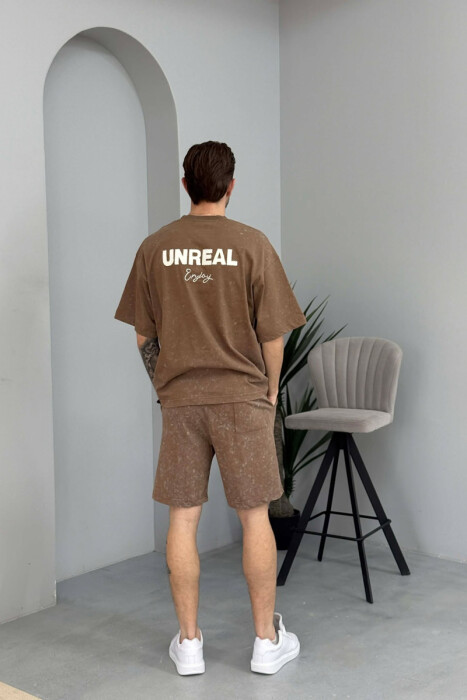 FRONT & BACK SIMPLE WRITTINGS T-SHIRT + SHORTS MEN SET LIGHT BROWN/KAZB - 4