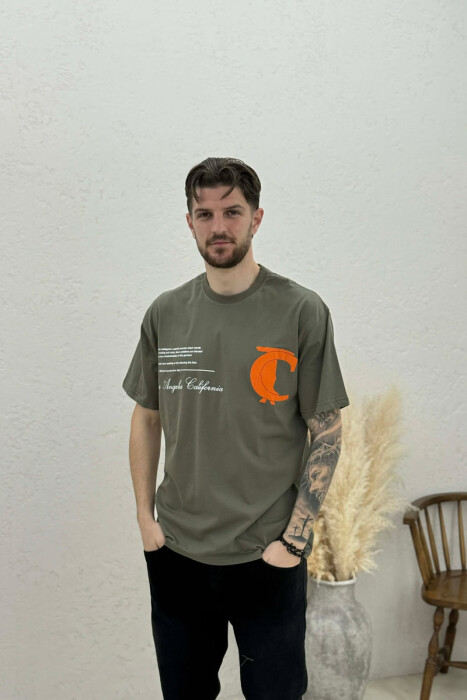 FRONT & BACK WRITTINGS LA ROUND NECK MEN T-SHIRT DARK GREEN/JEE - 