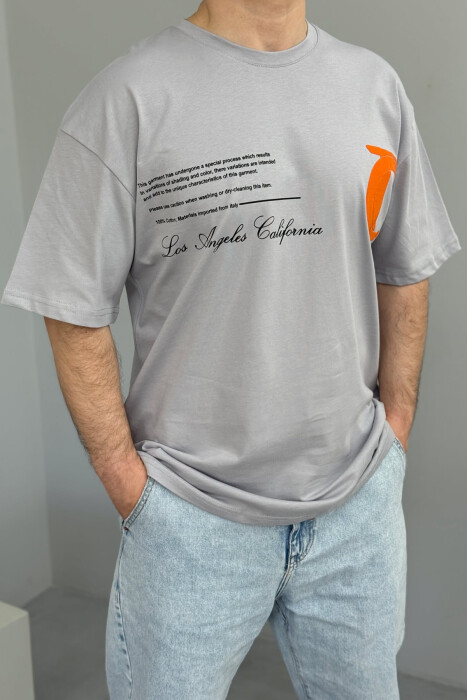FRONT & BACK WRITTINGS LA ROUND NECK MEN T-SHIRT GREY/GRI 