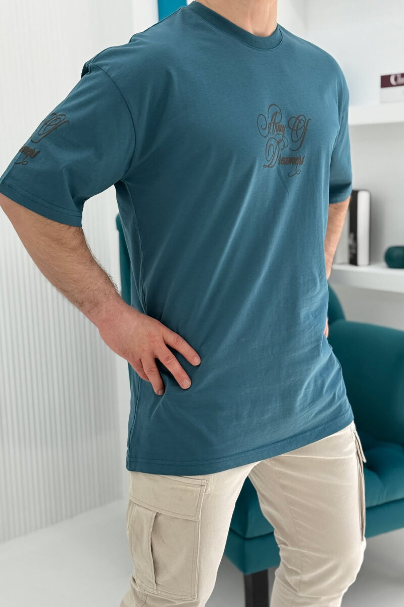 FRONT & BACK WRITTINGS ROUND NECK MEN T-SHIRT BLUE STONE/GK - 3