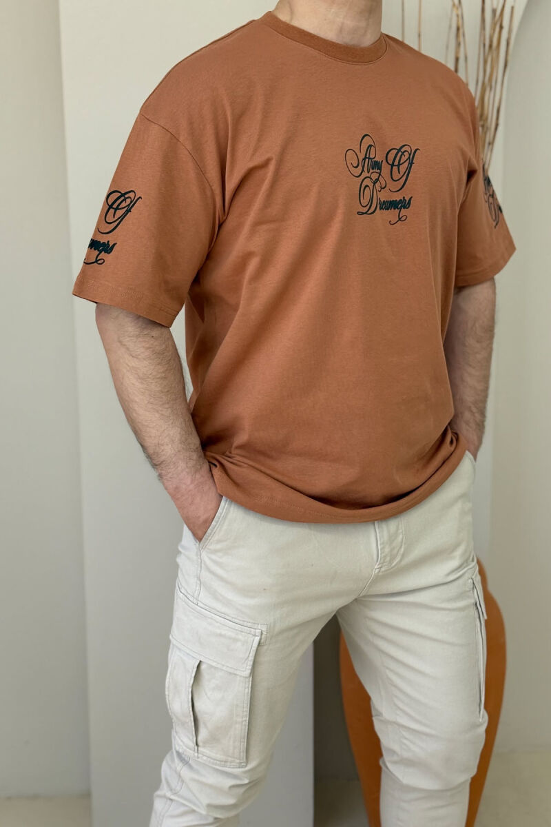 FRONT & BACK WRITTINGS ROUND NECK MEN T-SHIRT LIGHT BROWN/KAZB - 1