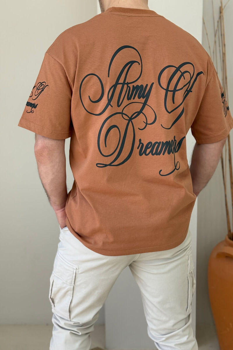FRONT & BACK WRITTINGS ROUND NECK MEN T-SHIRT LIGHT BROWN/KAZB - 4