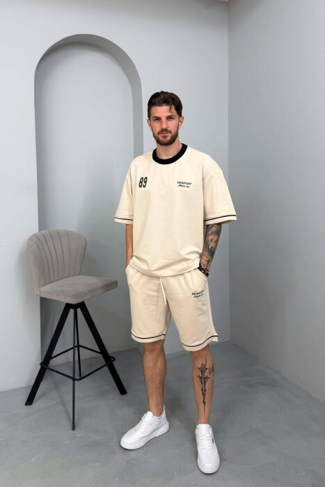 FRONT & BACK WRITTINGS T-SHIRT + SHORTS MEN SET BEIGE/BEZHE - KLAUDIO FASHION