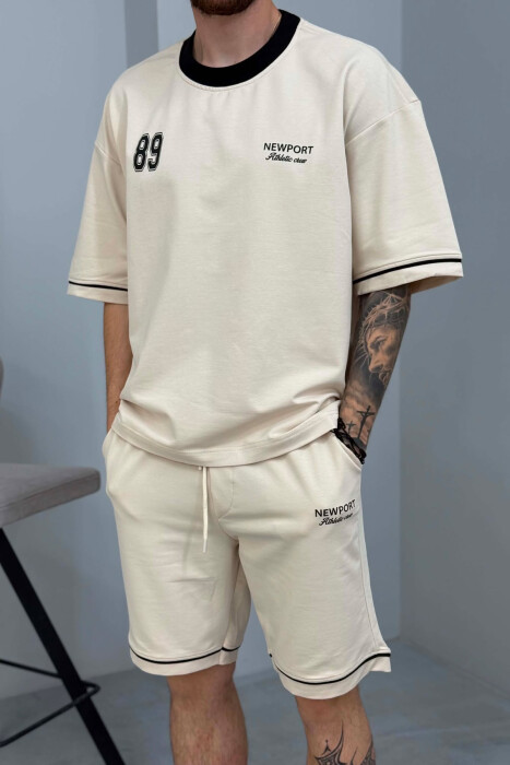 FRONT & BACK WRITTINGS T-SHIRT + SHORTS MEN SET BEIGE/BEZHE - 5