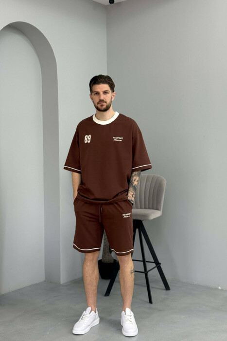 FRONT & BACK WRITTINGS T-SHIRT + SHORTS MEN SET BROWN/KAFE 