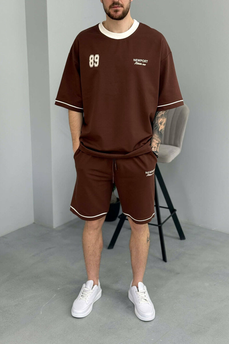 FRONT & BACK WRITTINGS T-SHIRT + SHORTS MEN SET BROWN/KAFE - 2