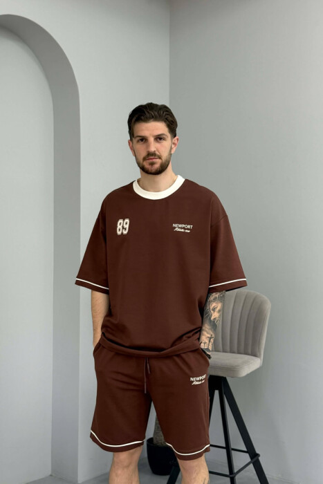 FRONT & BACK WRITTINGS T-SHIRT + SHORTS MEN SET BROWN/KAFE - 3