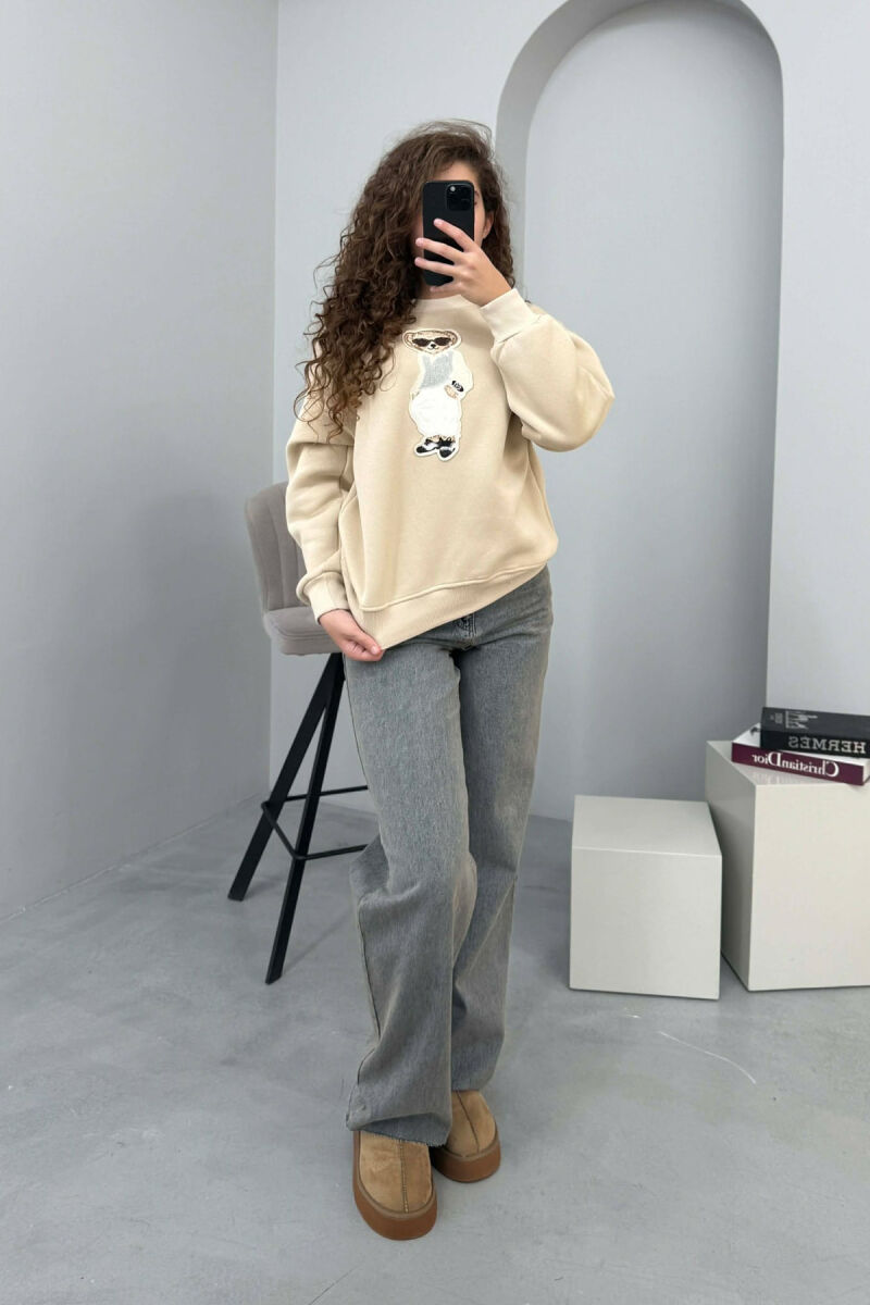 FRONT BEAR IMAGE FLUFFY WOMEN SWEATSHIRT BEIGE/BEZHE - 6