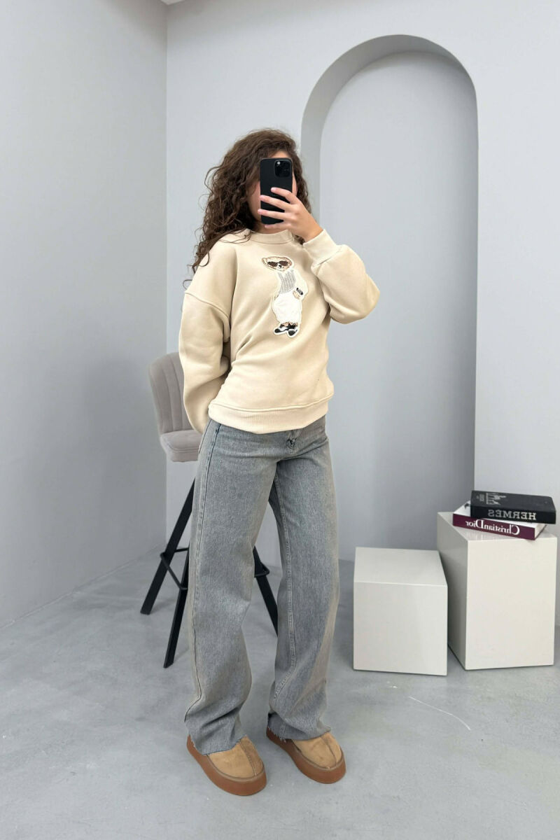 FRONT BEAR IMAGE FLUFFY WOMEN SWEATSHIRT BEIGE/BEZHE - 7