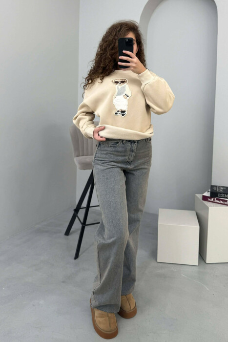 FRONT BEAR IMAGE FLUFFY WOMEN SWEATSHIRT BEIGE/BEZHE - 8
