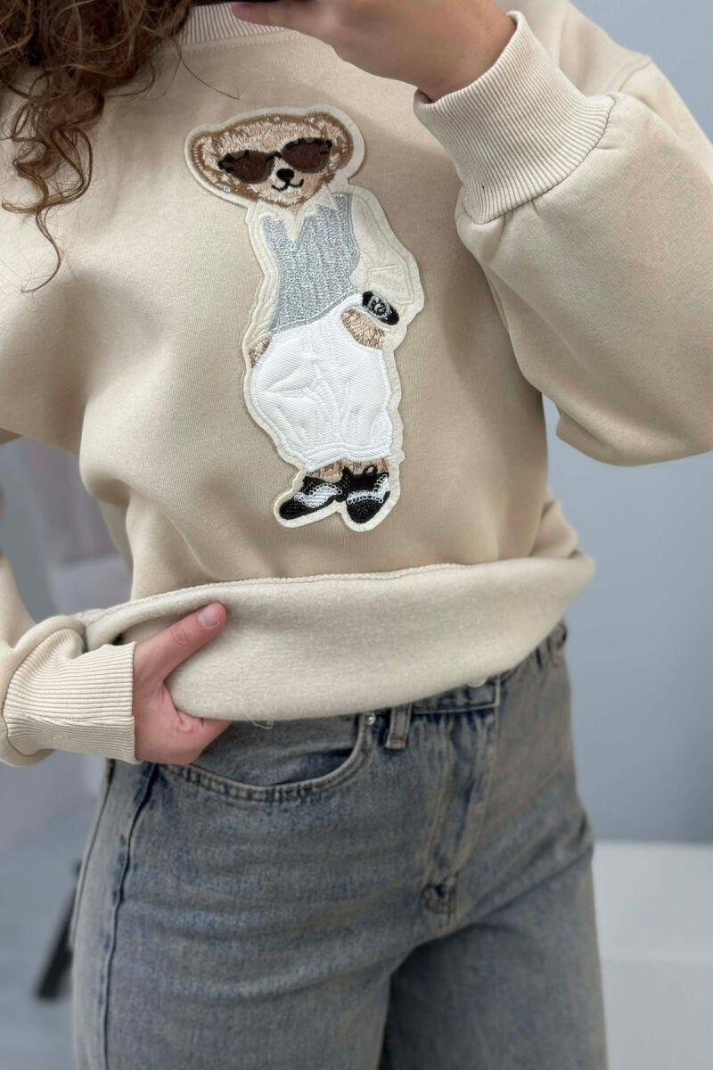 FRONT BEAR IMAGE FLUFFY WOMEN SWEATSHIRT BEIGE/BEZHE - 5