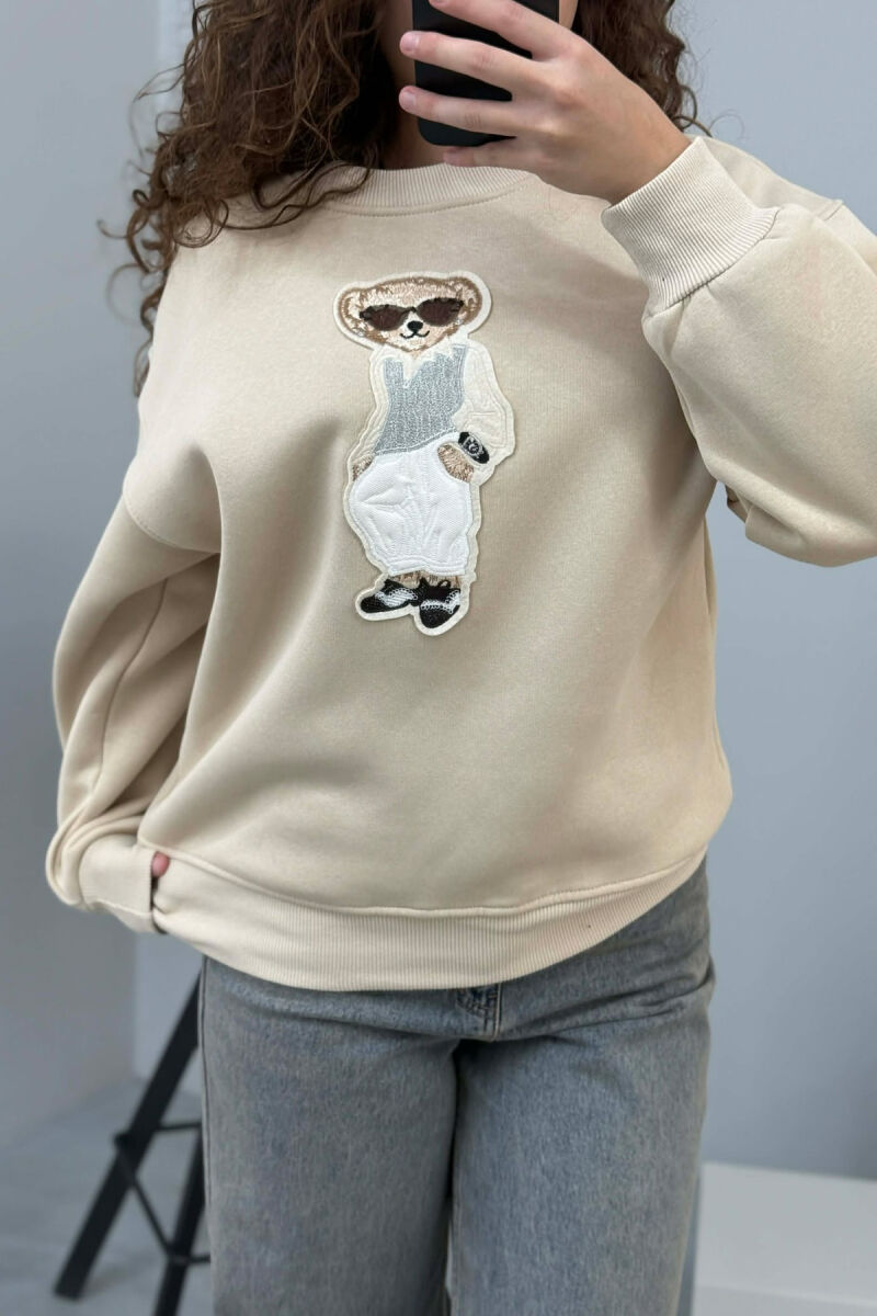 FRONT BEAR IMAGE FLUFFY WOMEN SWEATSHIRT BEIGE/BEZHE - 9