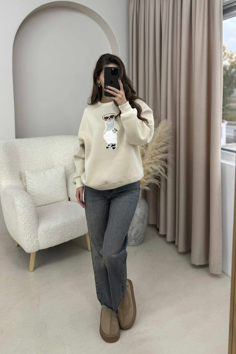 FRONT BEAR IMAGE FLUFFY WOMEN SWEATSHIRT BEIGE/BEZHE - 1
