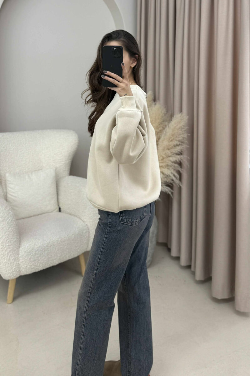 FRONT BEAR IMAGE FLUFFY WOMEN SWEATSHIRT BEIGE/BEZHE - 2
