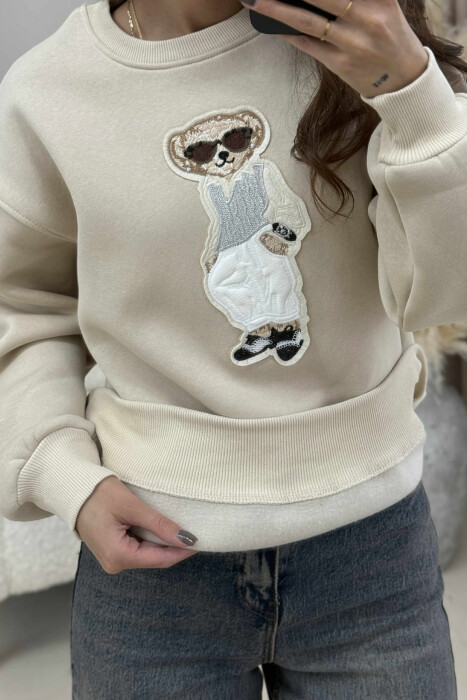 FRONT BEAR IMAGE FLUFFY WOMEN SWEATSHIRT BEIGE/BEZHE - 3