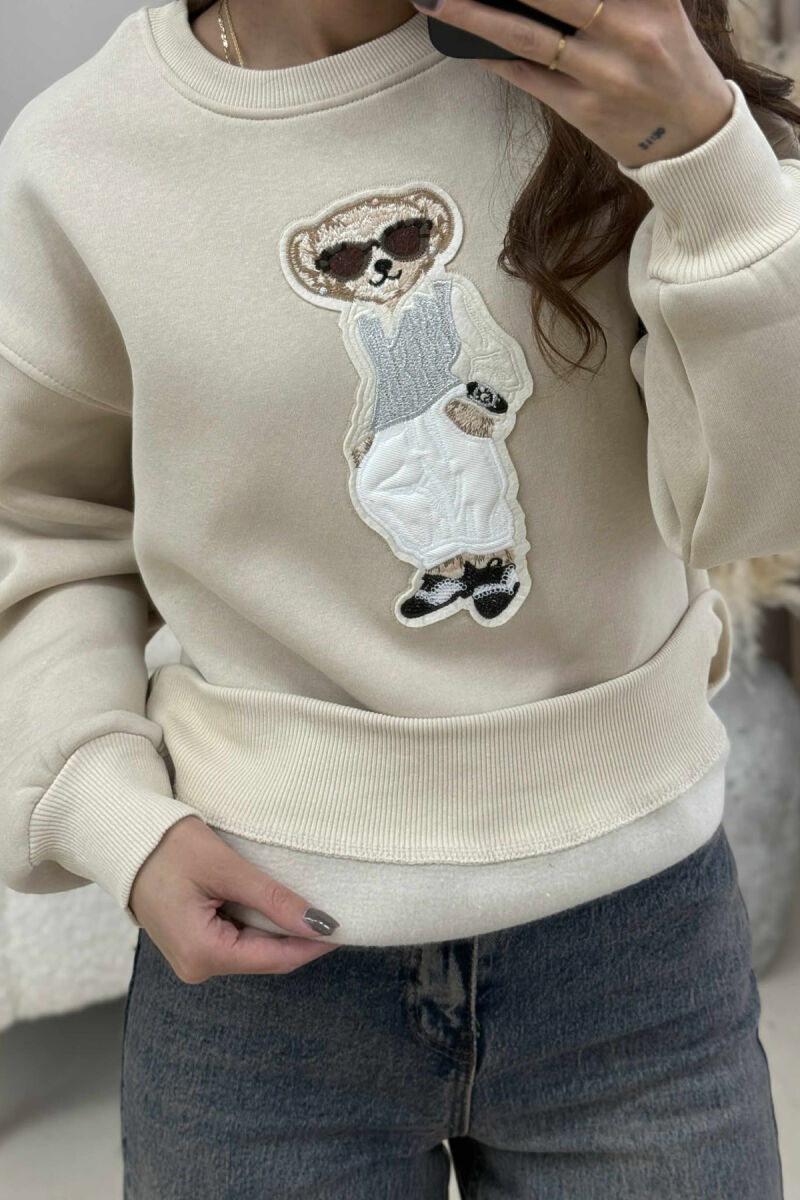 FRONT BEAR IMAGE FLUFFY WOMEN SWEATSHIRT BEIGE/BEZHE - 3