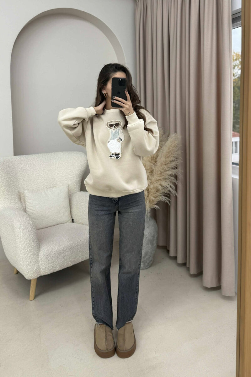 FRONT BEAR IMAGE FLUFFY WOMEN SWEATSHIRT BEIGE/BEZHE - 4