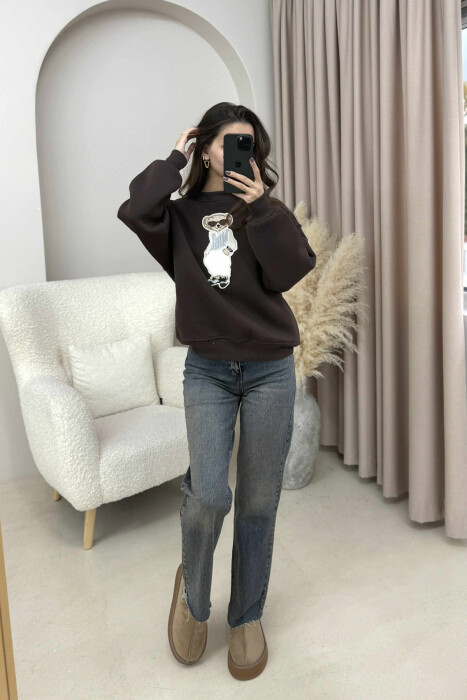 FRONT BEAR IMAGE FLUFFY WOMEN SWEATSHIRT DARK BROWN/KAE 