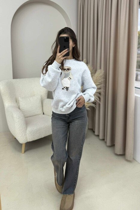 FRONT BEAR IMAGE FLUFFY WOMEN SWEATSHIRT LIGHT GREY/GZ 