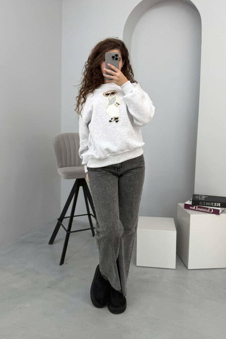 FRONT BEAR IMAGE FLUFFY WOMEN SWEATSHIRT LIGHT GREY/GZ - 5