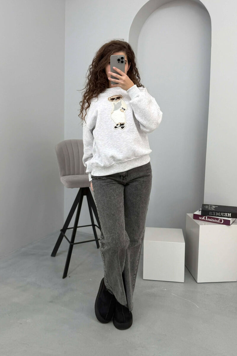 FRONT BEAR IMAGE FLUFFY WOMEN SWEATSHIRT LIGHT GREY/GZ - 5