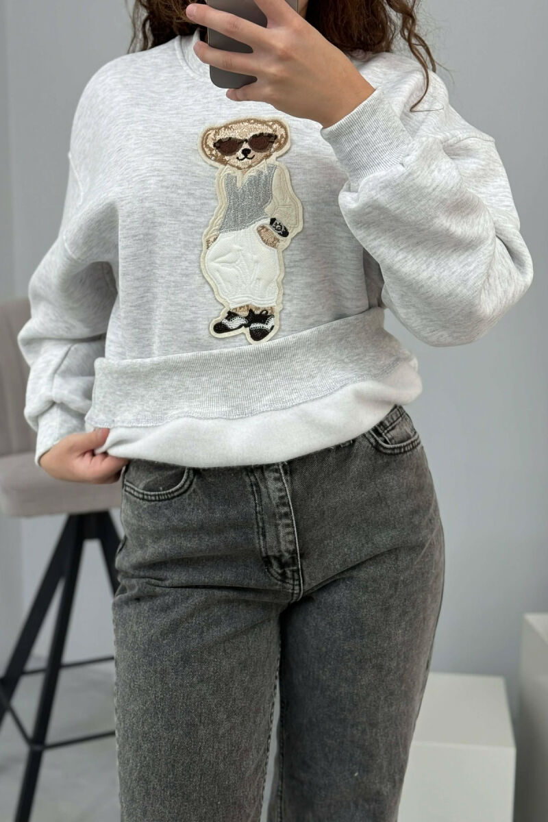 FRONT BEAR IMAGE FLUFFY WOMEN SWEATSHIRT LIGHT GREY/GZ - 6