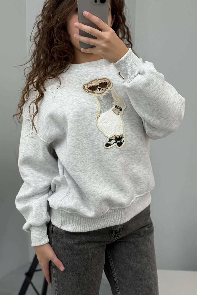 FRONT BEAR IMAGE FLUFFY WOMEN SWEATSHIRT LIGHT GREY/GZ - 8