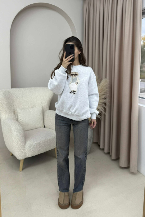 FRONT BEAR IMAGE FLUFFY WOMEN SWEATSHIRT LIGHT GREY/GZ - 2