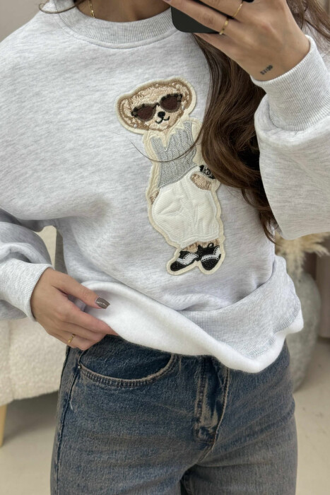 FRONT BEAR IMAGE FLUFFY WOMEN SWEATSHIRT LIGHT GREY/GZ - 3