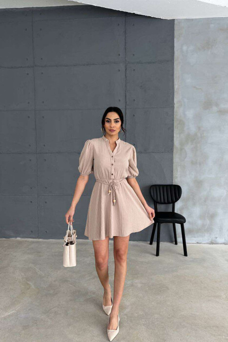 FRONT BUTTONS BELT DETAIL WOMEN DRESS BEIGE/BEZHE 